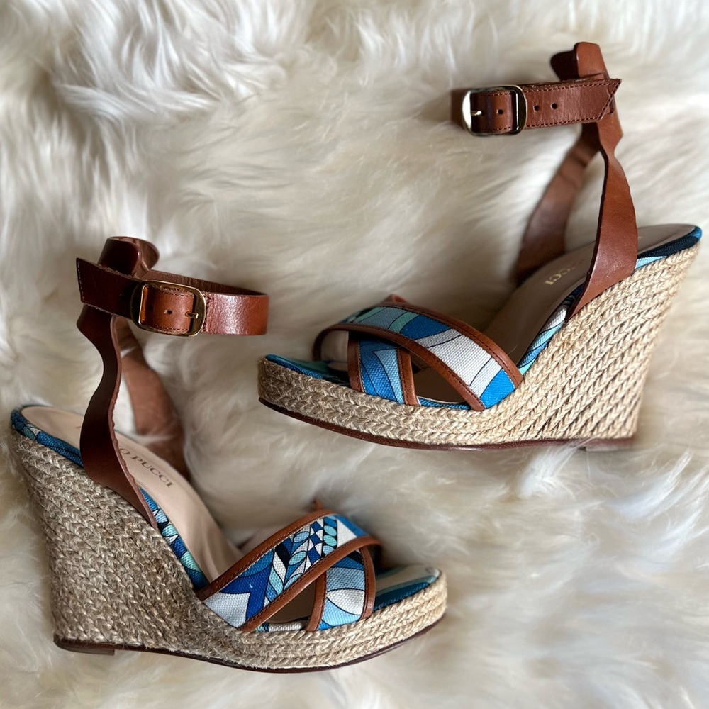 Emilio Pucci Blue Abstract Print Designer Espadrille Leather Wedges Size 37/6